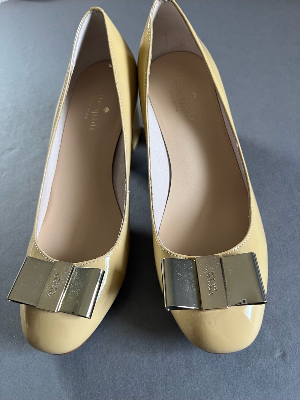 kate spade Lilliana Yellow Patent Leather Bow Flats with Gold Accent